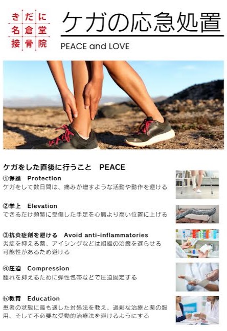 ケガの応急処置 PEACE and LOVE 捻挫・打撲・肉離れ・挫傷・骨折・脱臼